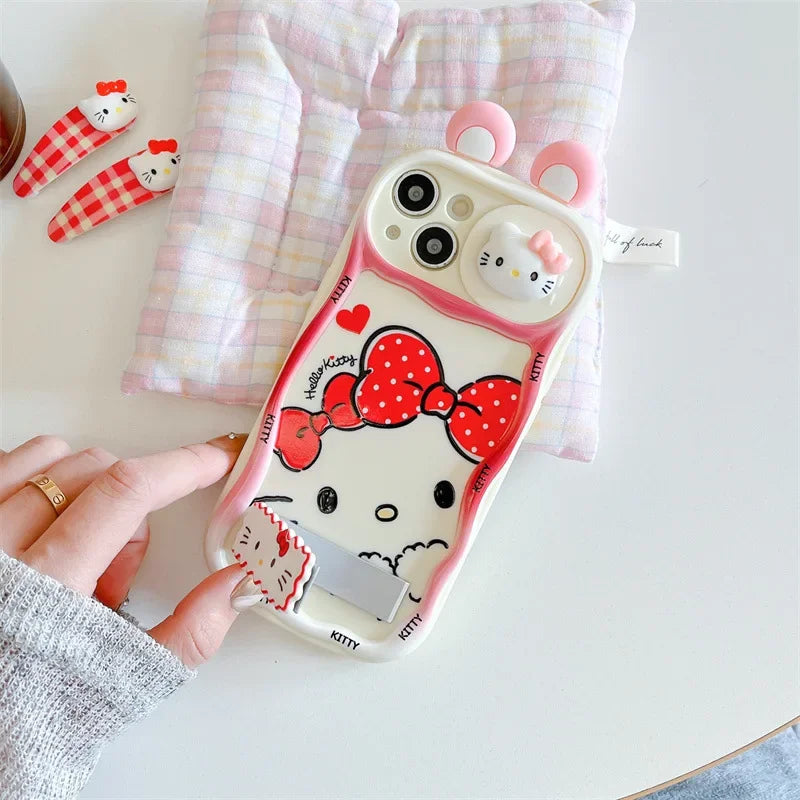 Kawaii Cartoon 3D Ears Hello Kitty Wavy Sliding Camera With Holder Phone Case For iPhone