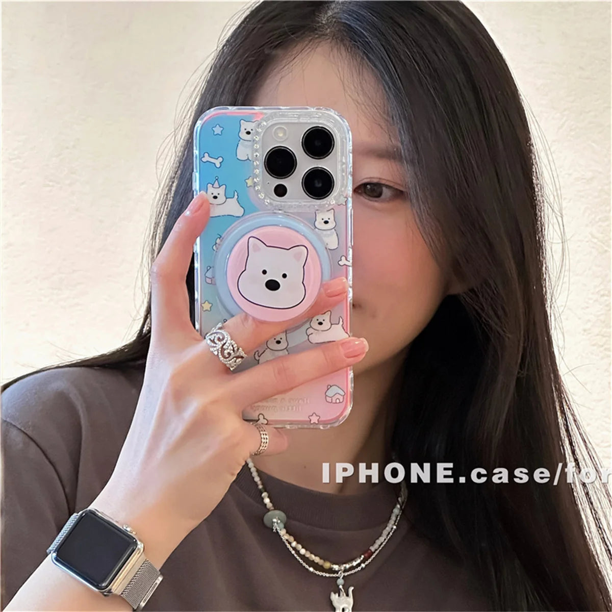 Fashion Laser Cute Catoon Puppy Magnetic Phone Case For iPhone
