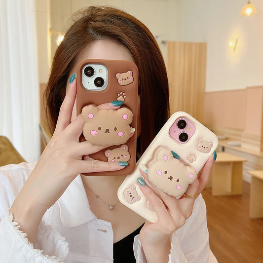 Kawaii Bear Cover With Stand Holder Soft Silicone Case for iPhone