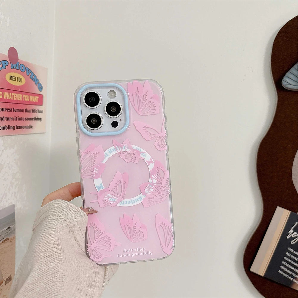 Cute Pink Butterfly Magnetic Grip Tok Stand Holder Phone Case