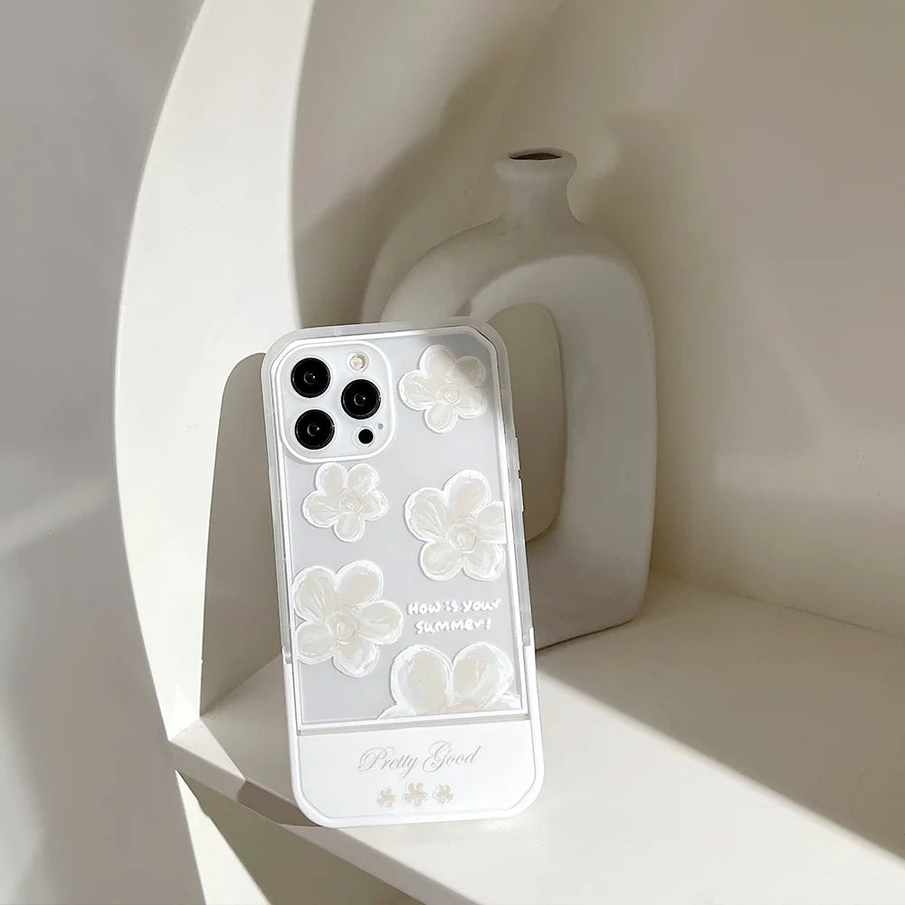 White Floral invisible Bracket Phone Case For iPhone