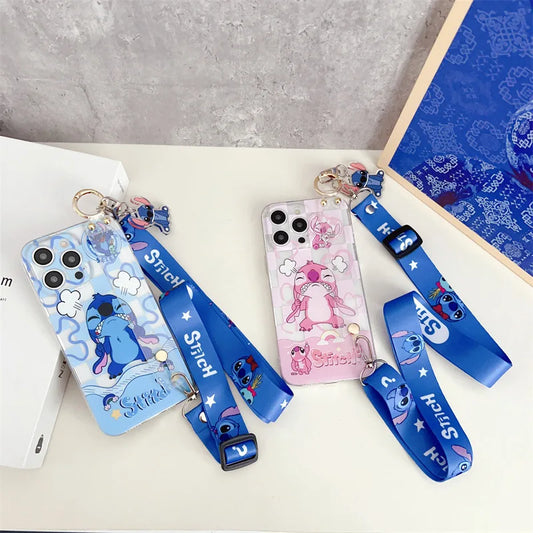 Cute Cartoon Stitch Couple Phone Case With Clear Strap Lanyard For iPhone