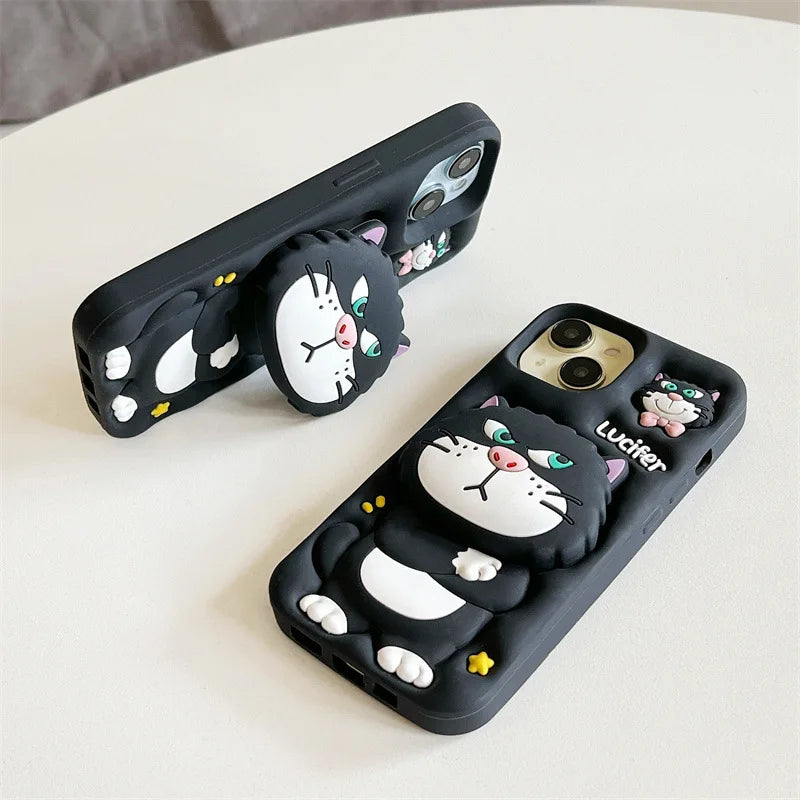 3D Cute Cartoon Cat Telescopic Bracket Soft Silicone Phone Case For iPhone