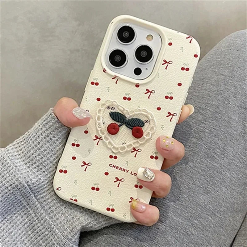 Cute 3D Embroidery Cherry Case Bowknot