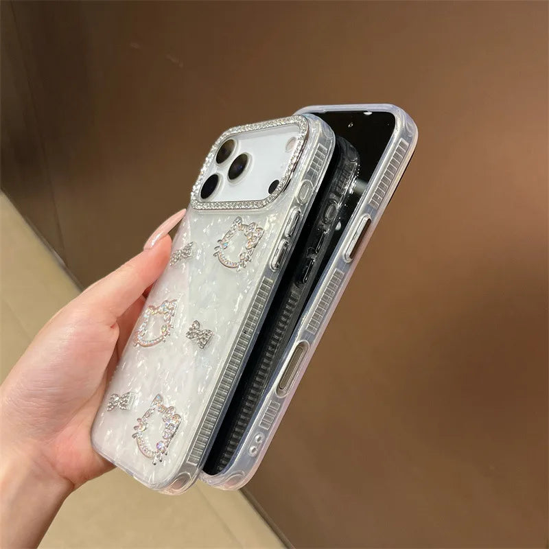 Luxury Glitter Rhinestone Camera Border 3D Hello Kitty Bowknot Shell Pattern Phone Case For iPhone