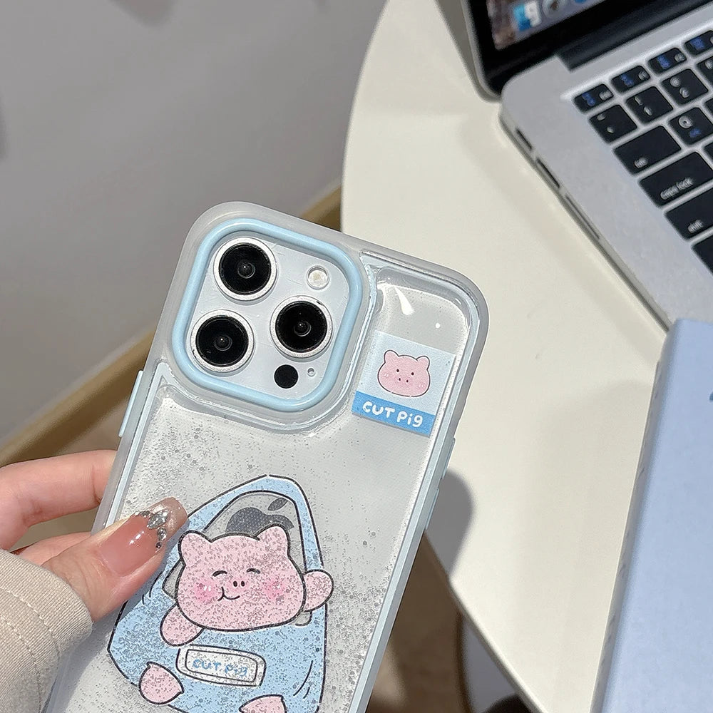 Cute Puppy Cartoon Pig Liquid Glitter Phone Case