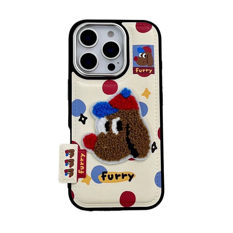 Cute Cartoon Embroidery Bear Dog Leather Phone Case