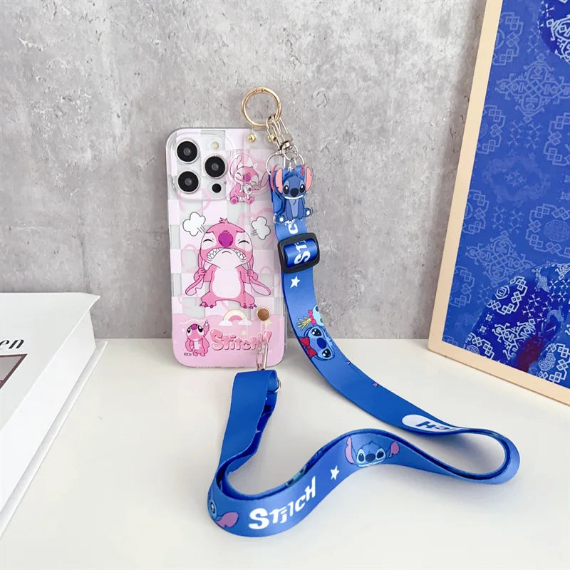 Cute Cartoon Stitch Couple Phone Case With Clear Strap Lanyard For iPhone