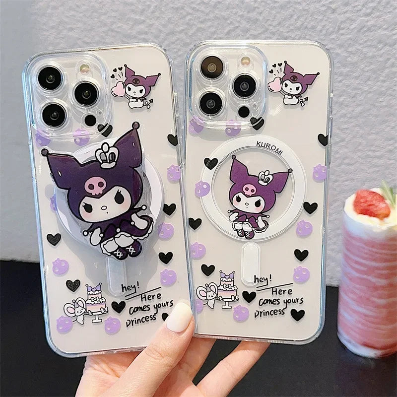 Korean Cute Cartoon Kuromi With Holder Magsafe Magnetic Phone Case For iPhone