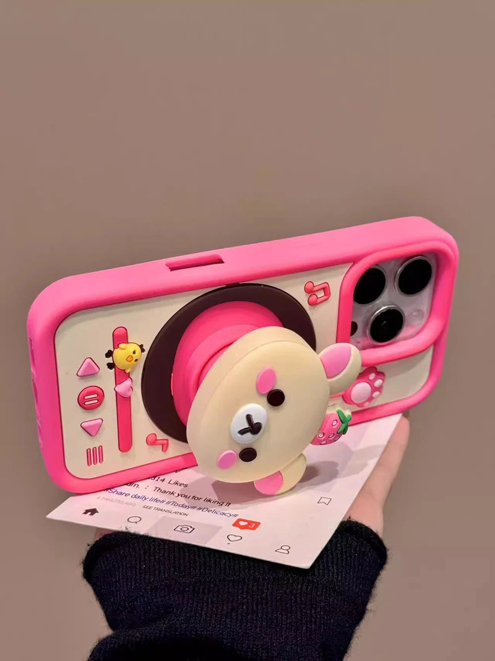 Cute Rotating Record Player Cartoon Bear Silicone Phone Case
