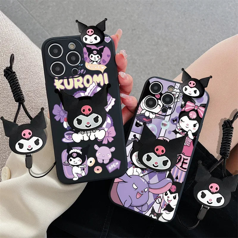 Kawaii 3D Cute Cartoon Kuromi Holder Rope Soft Phone Case For iPhone