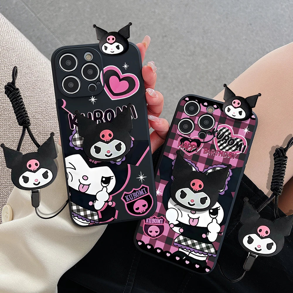 Cartoon Kuromi Head Case With Holder Rope Phone Case