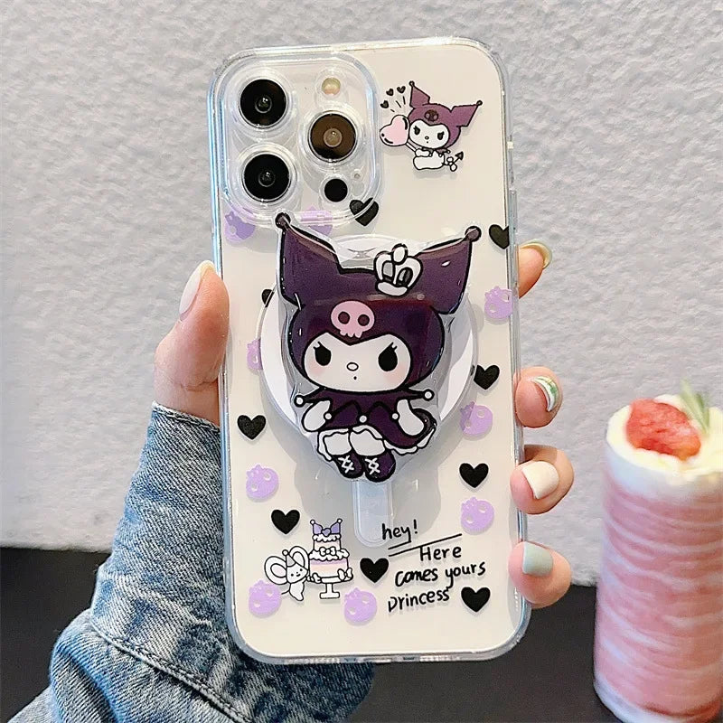 Korean Cute Cartoon Kuromi With Holder Magsafe Magnetic Phone Case For iPhone