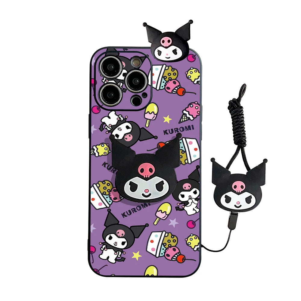 Cartoon Kuromi Head Case With Holder Rope Phone Case
