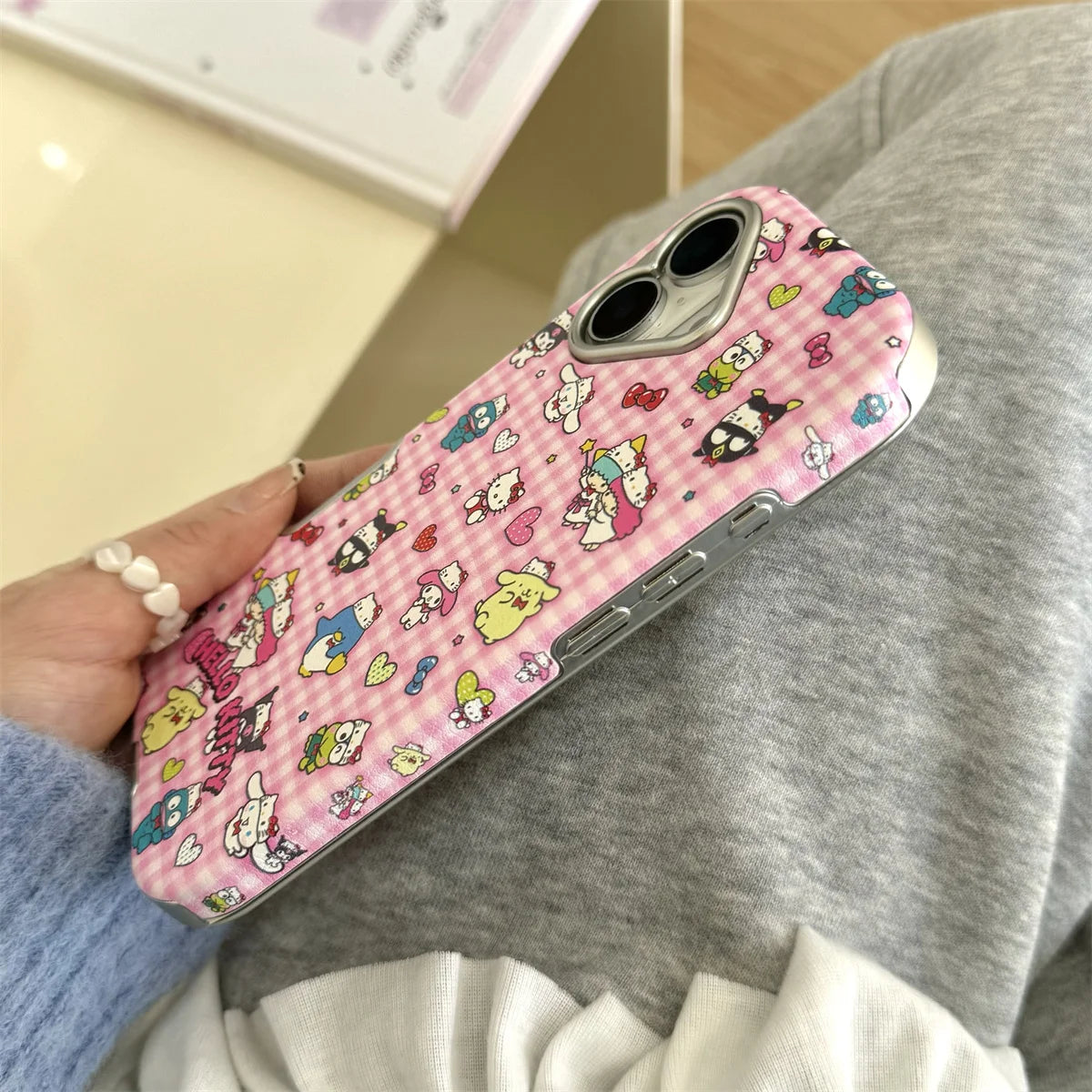 New Pink Checkered Hello Kitty Leather Phone Case