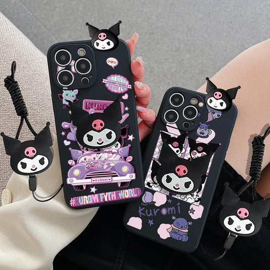 Cartoon Kuromi Head Case With Holder Rope Phone Case
