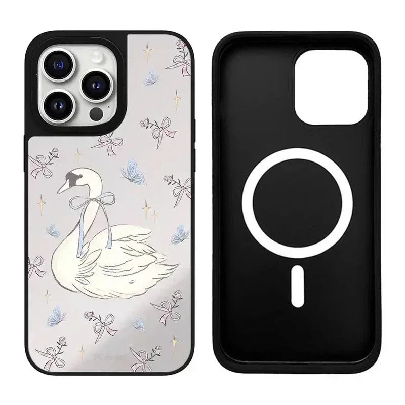Swan Bowknot Mirror Surface MagSafe Phone Case