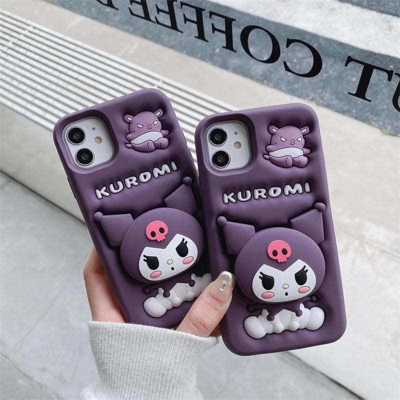 Kawaii 3D Cartoon Kuromi Telescopic Bracket Phone Case For iPhone