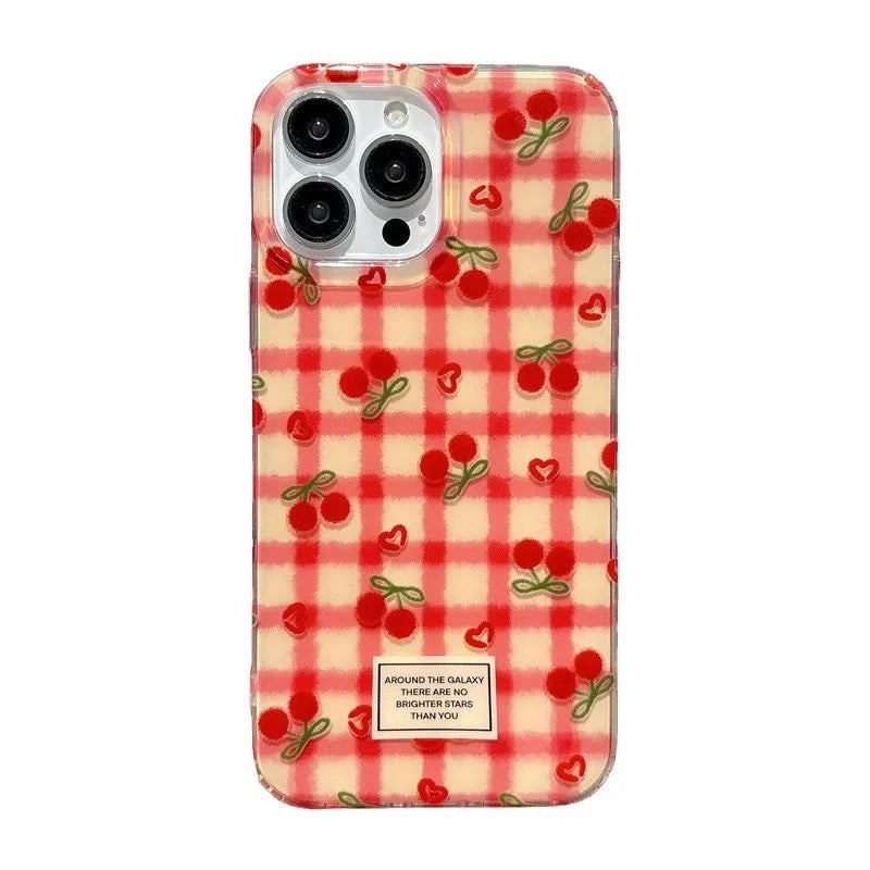 Korean Fashion Cherry Grid Pattern Phone Case