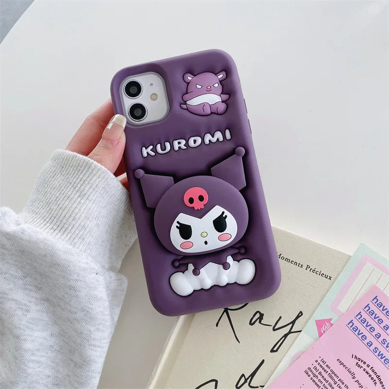 Kawaii 3D Cartoon Kuromi Telescopic Bracket Phone Case For iPhone