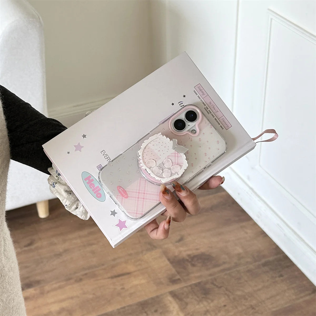 Korean Cute Fresh Pink Lattice Floral Print Magnetic Apple Holder Phone Case For iPhone
