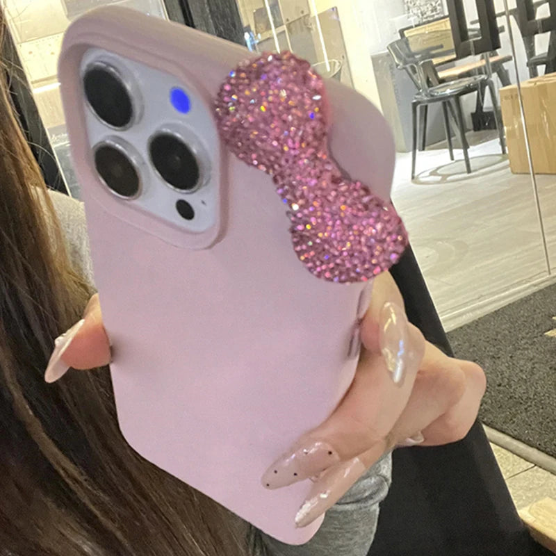 Luxury Rhinestone Bow Litchi Pattern Leather Shockproof Phone Case For iPhone