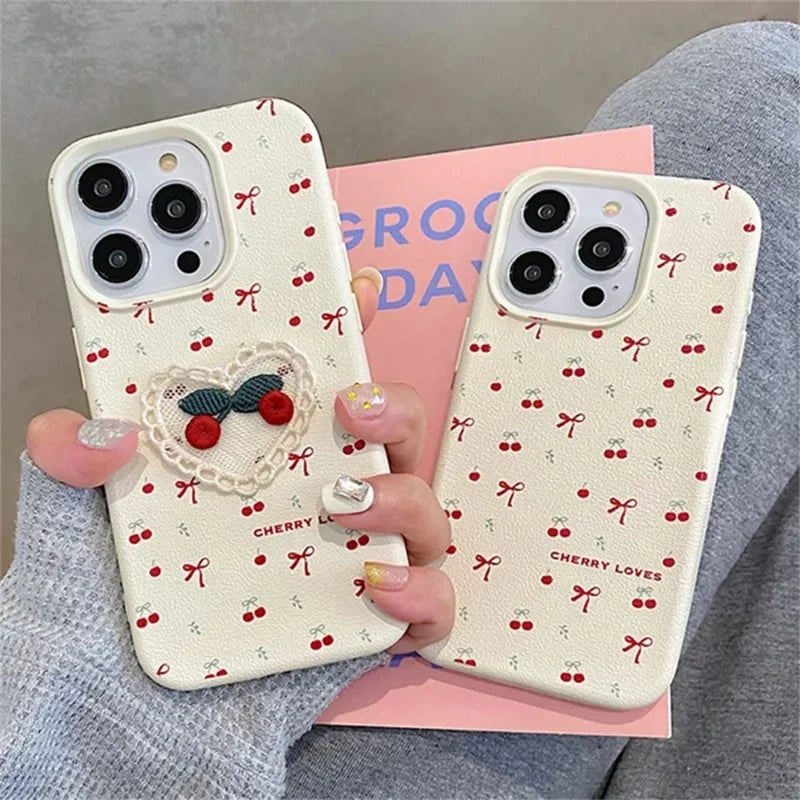 Cute 3D Embroidery Cherry Case Bowknot