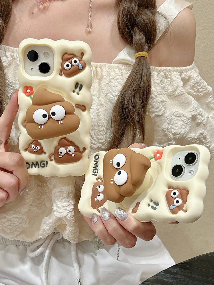Funny Red Flower Cow Dung Foldable Holder Stand Silicone Cover For iPhone