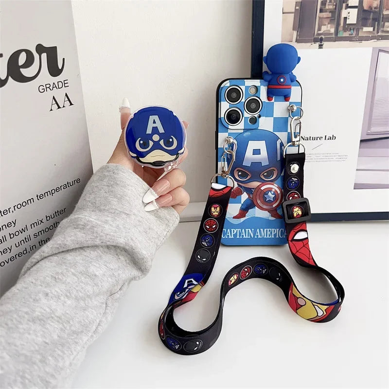 Cartoon 3D Spiderman Plaid Phone Case With Holder Lanyard For iPhone