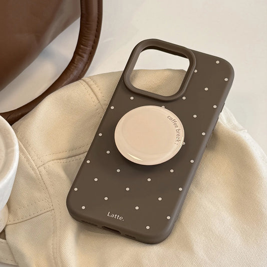 Korean Brown Full Screen Polka Dot With Round Bracket Soft Phone Case For iPhone