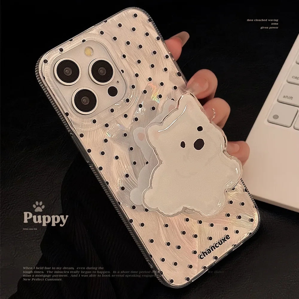 Korean Polka Dot Phone Case With Cartoon Puppy Bracket for iPhone