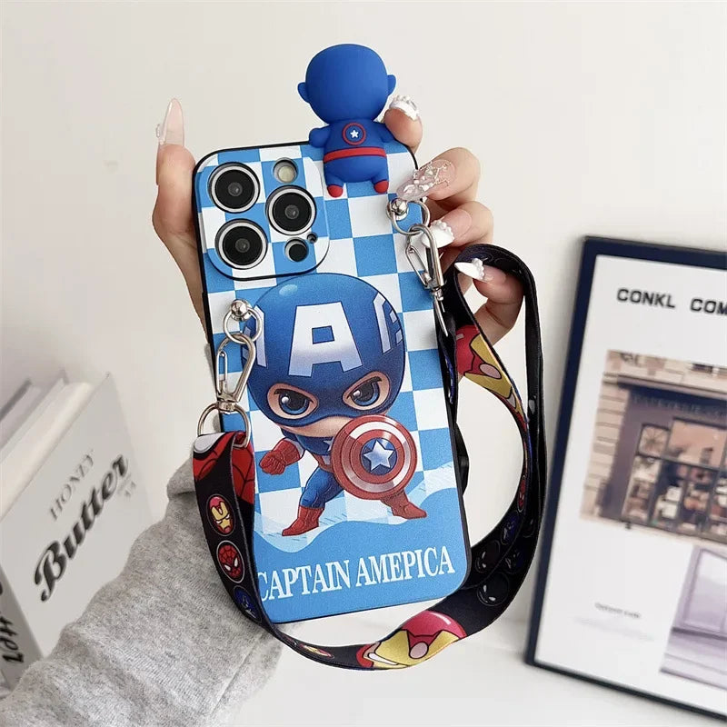 Cartoon 3D Spiderman Plaid Phone Case With Holder Lanyard For iPhone