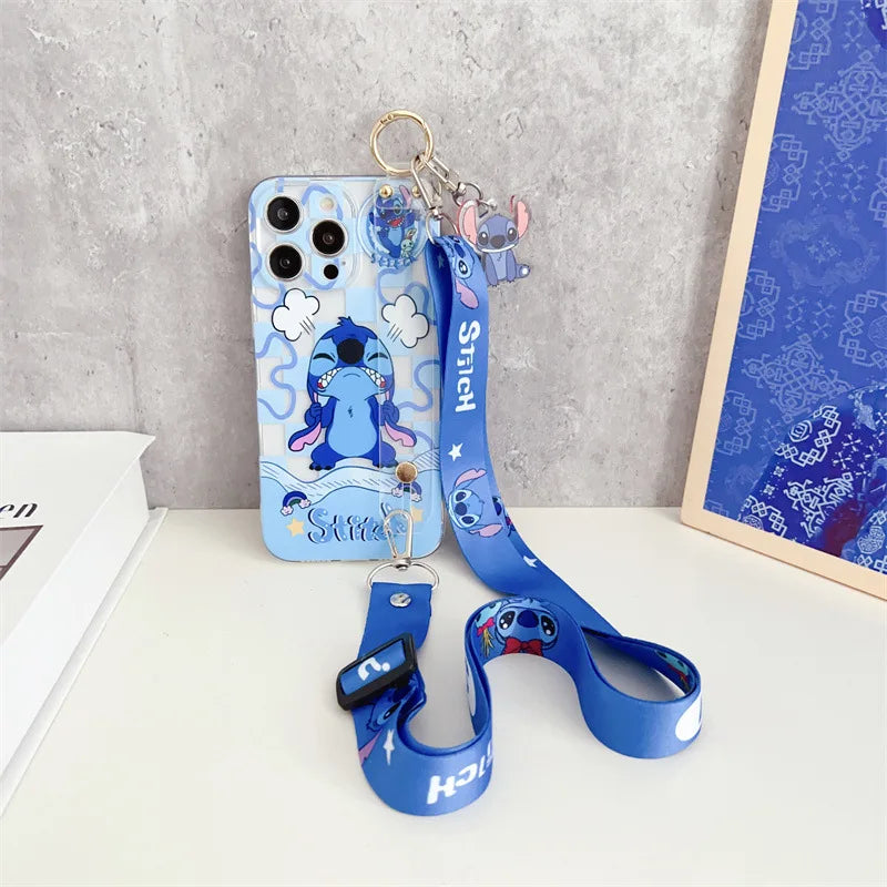 Cute Cartoon Stitch Couple Phone Case With Clear Strap Lanyard For iPhone