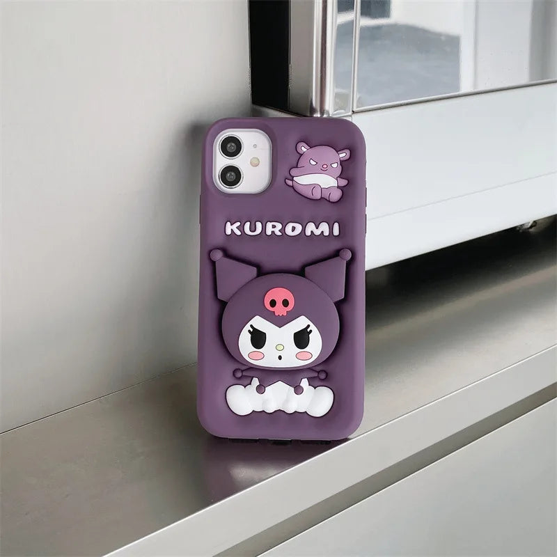 Kawaii 3D Cartoon Kuromi Telescopic Bracket Phone Case For iPhone