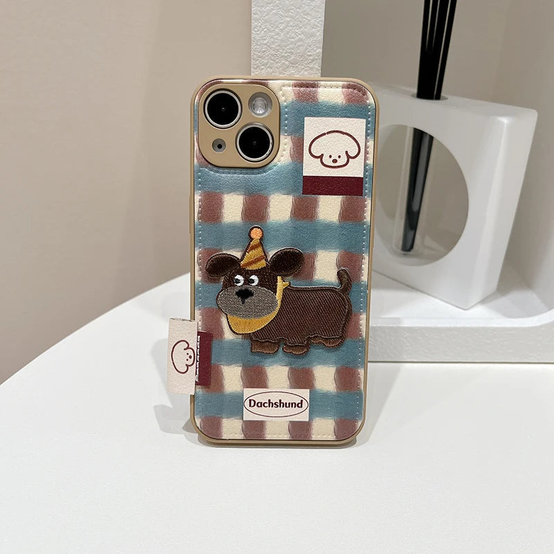Lovely Embroidered Puppy Dog Leather Drum Bag Phone Case