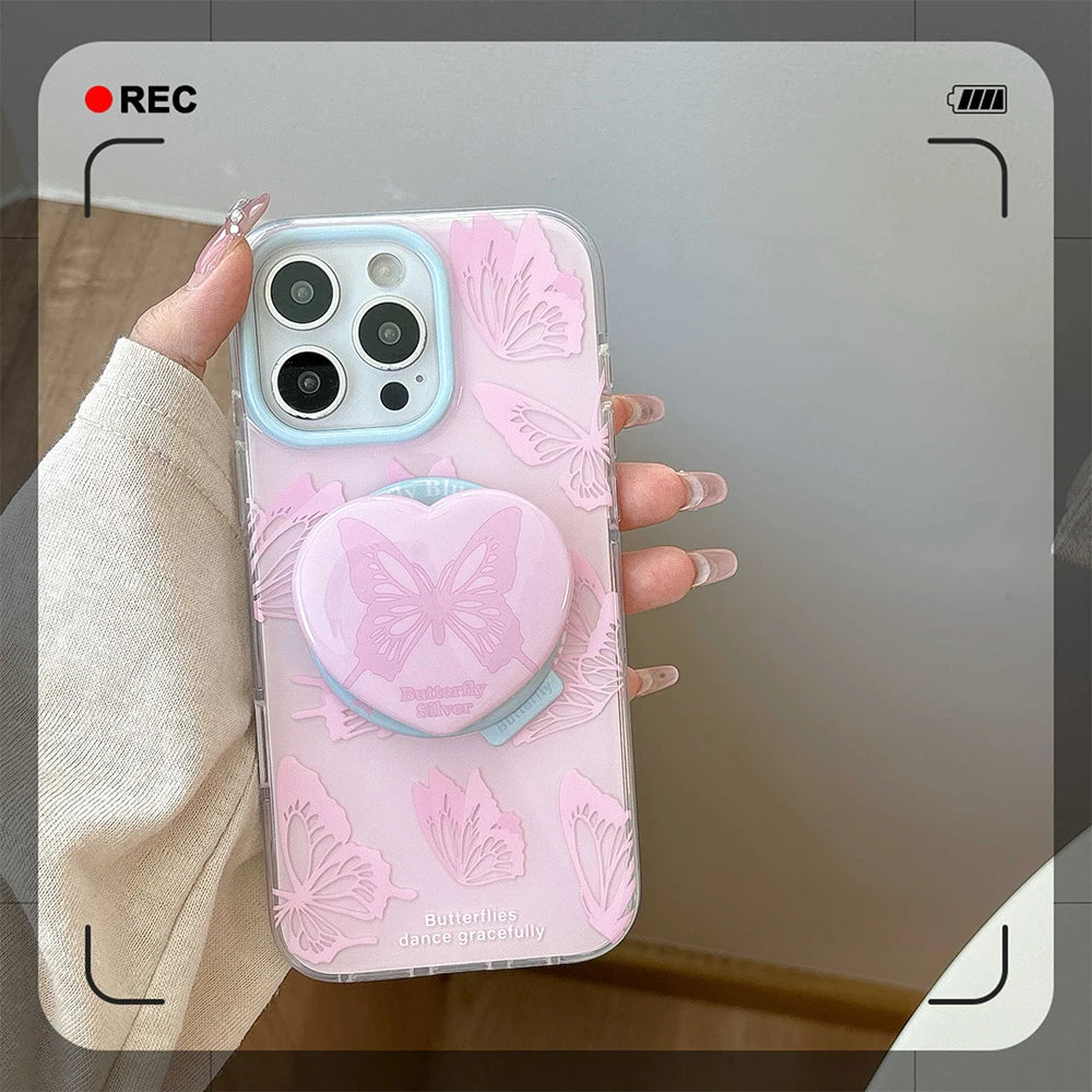 Cute Pink Butterfly Magnetic Grip Tok Stand Holder Phone Case