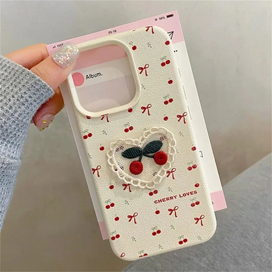 Cute 3D Embroidery Cherry Case Bowknot