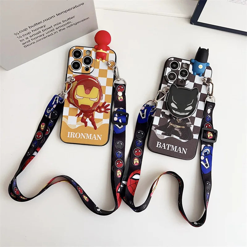 Cartoon 3D Spiderman Plaid Phone Case With Holder Lanyard For iPhone