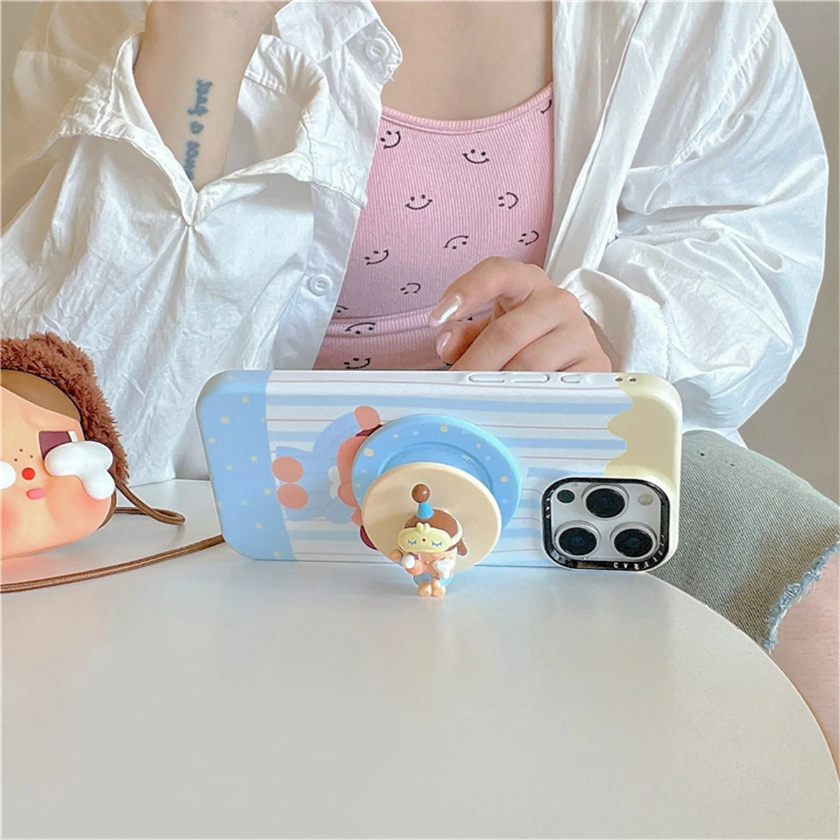 Korean Blue Stripe Cute Girl Magnetic Phone Case For iPhone