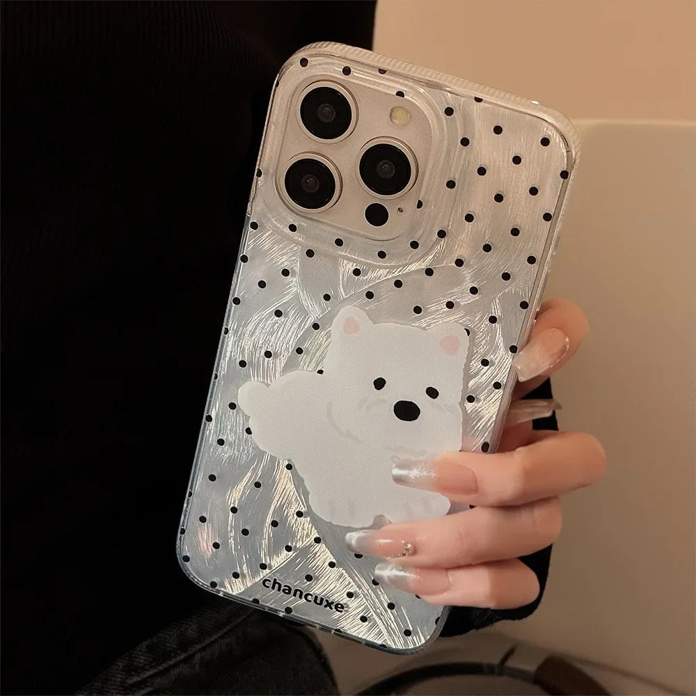 Korean Polka Dot Phone Case With Cartoon Puppy Bracket for iPhone