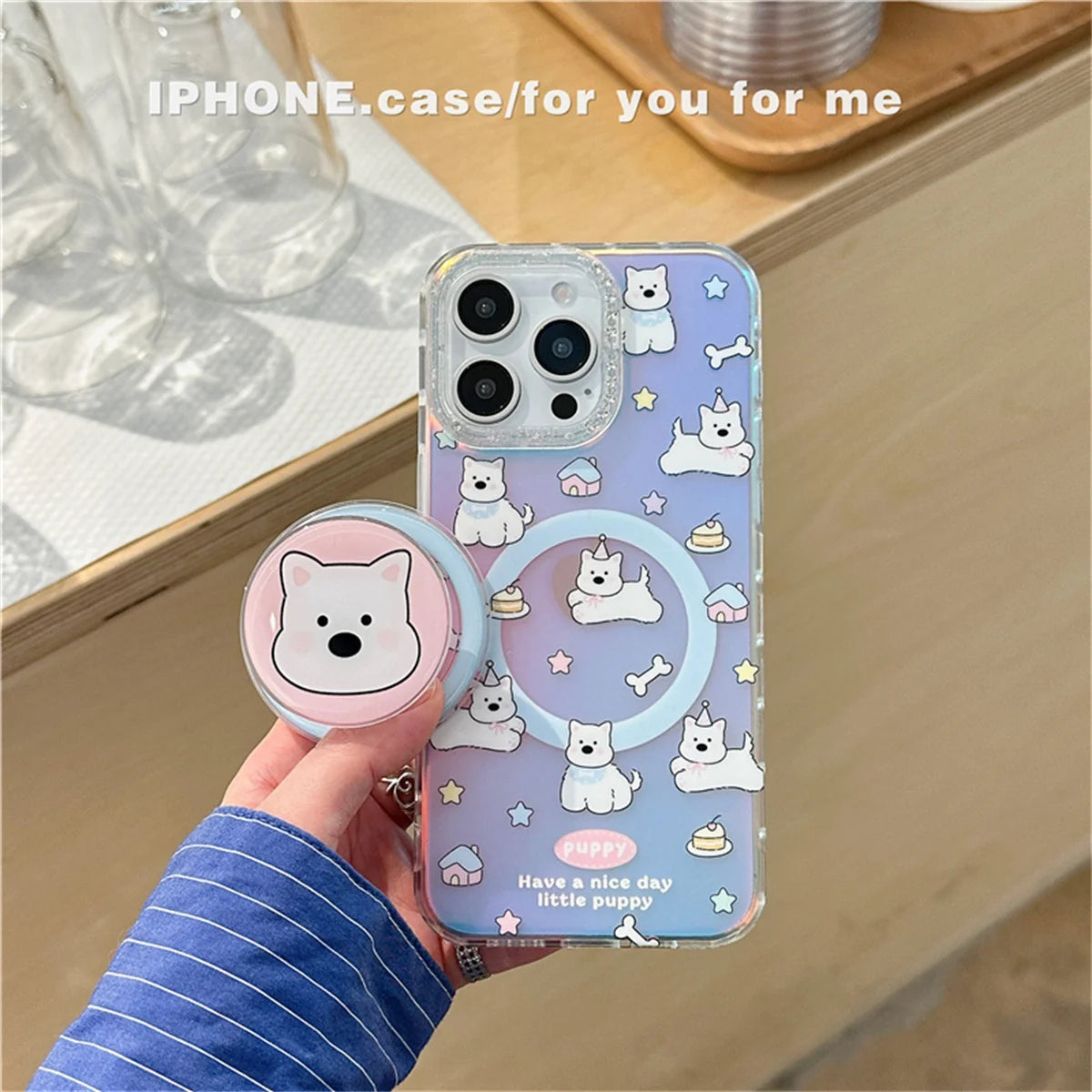Fashion Laser Cute Catoon Puppy Magnetic Phone Case For iPhone