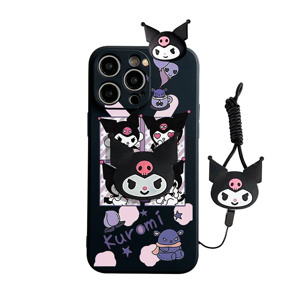 Cartoon Kuromi Head Case With Holder Rope Phone Case