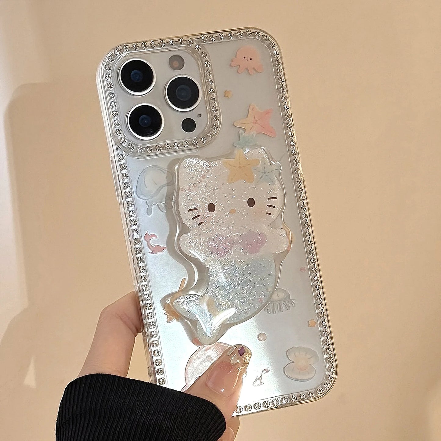 Summer Marine Mermaid Hello Kitty Glitter Bracket Phone Case For iPhone