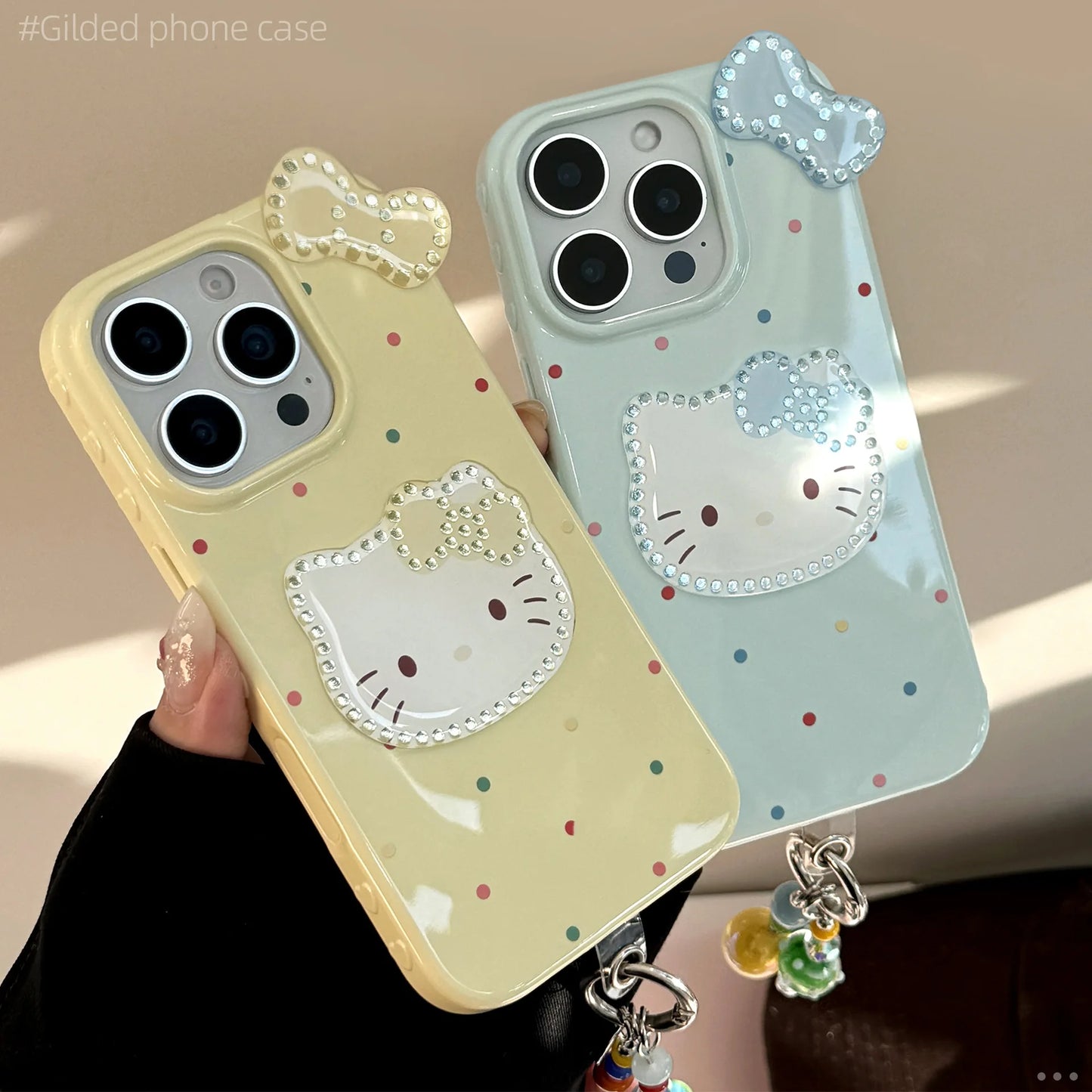 Korean Colorful Wave Point 3D Bowknot Hello Kitty Phone Case For iPhone