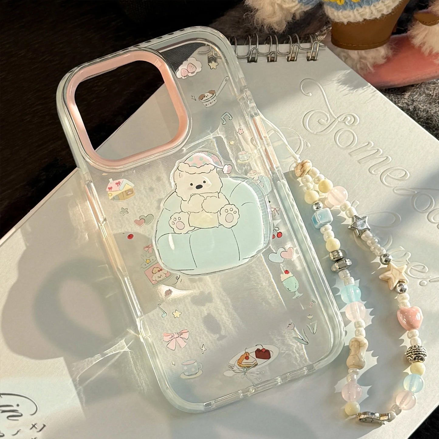 Ins Dessert Clear Cartoon Sofa Puppy Bracket With Chain Phone Case For iPhone