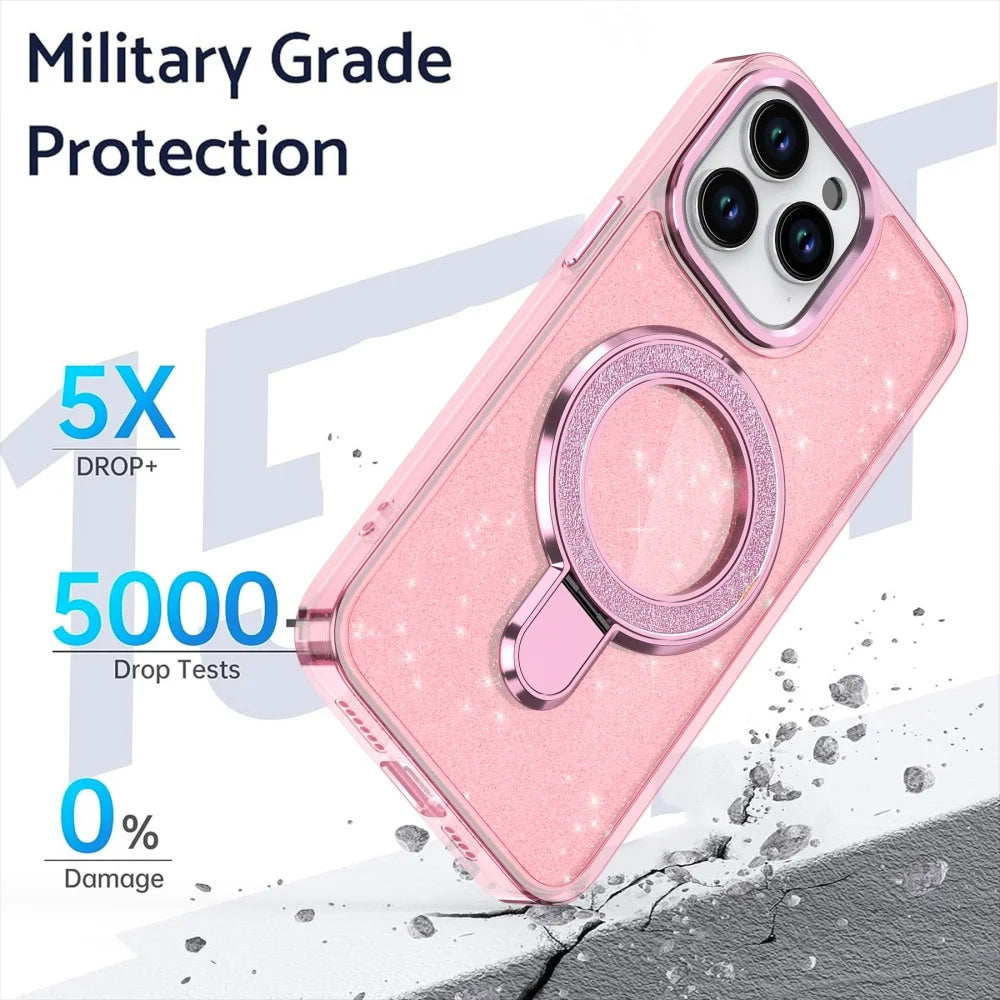 Luxury Glitter Fold Magnetic Metal Ring Stand Case For iPhone