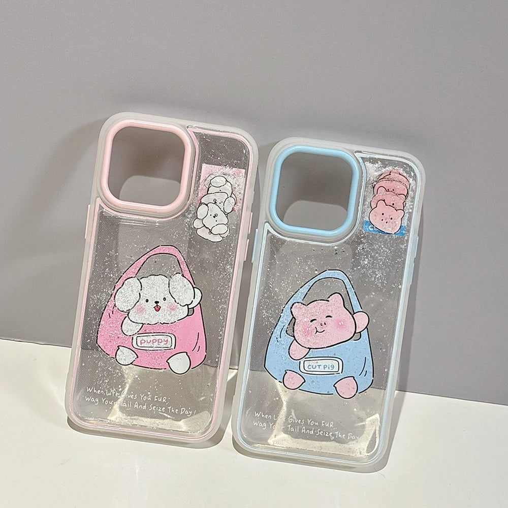 Cute Puppy Cartoon Pig Liquid Glitter Phone Case