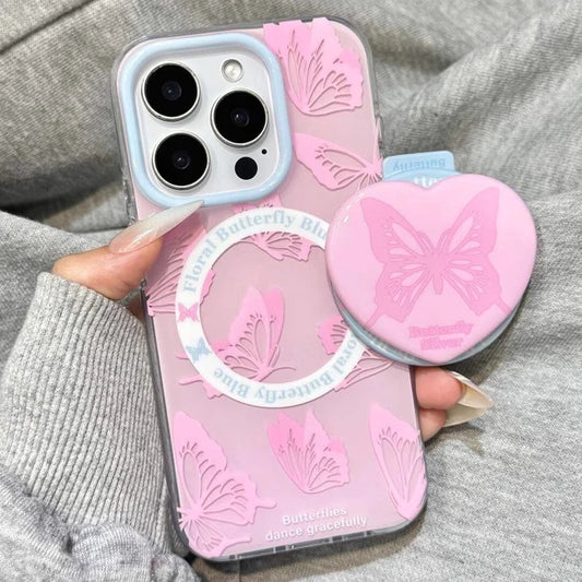 Cute Pink Butterfly Magnetic Grip Tok Stand Holder Phone Case