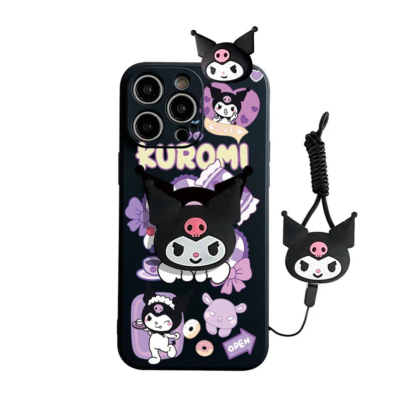 Kawaii 3D Cute Cartoon Kuromi Holder Rope Soft Phone Case For iPhone