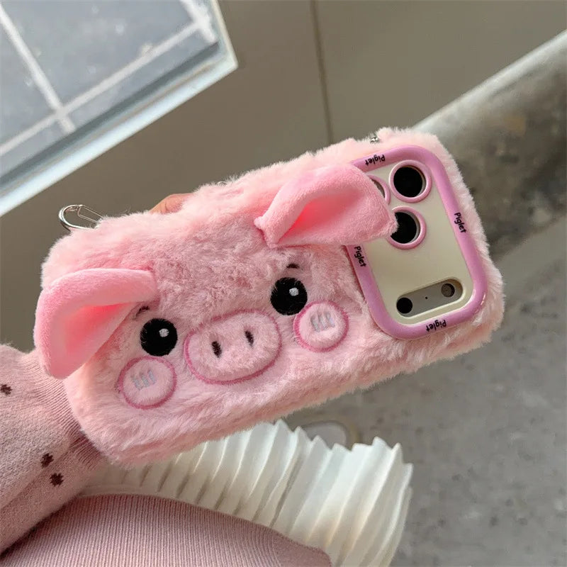 Cute 3D Cartoon Pig Plush Phone Case With Lanyard For iPhone